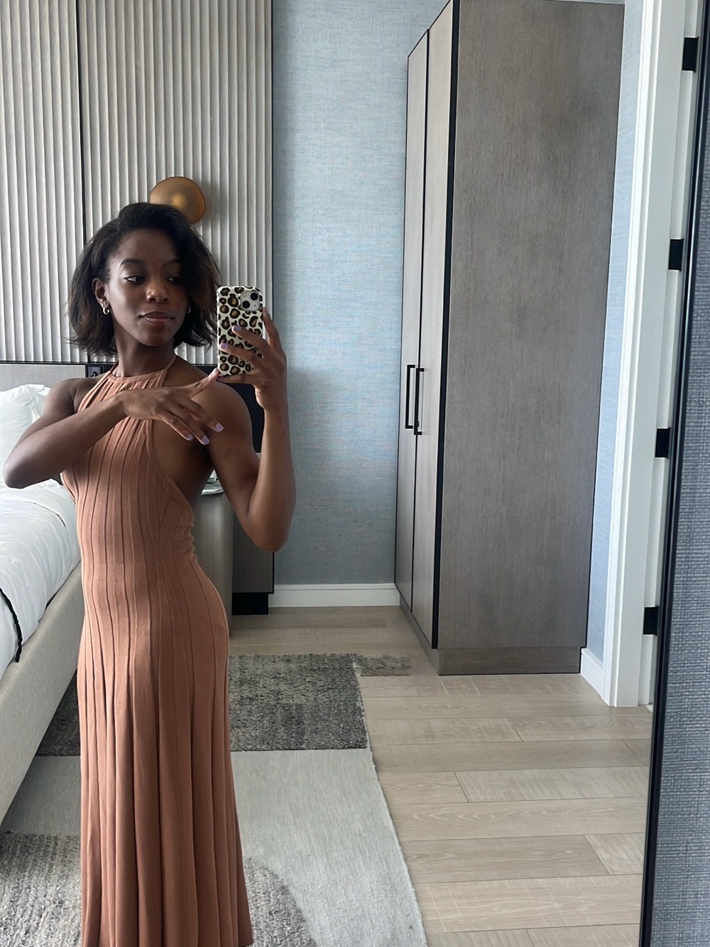 Meshki Sleeveless Ribbed Midi Dress in Tan